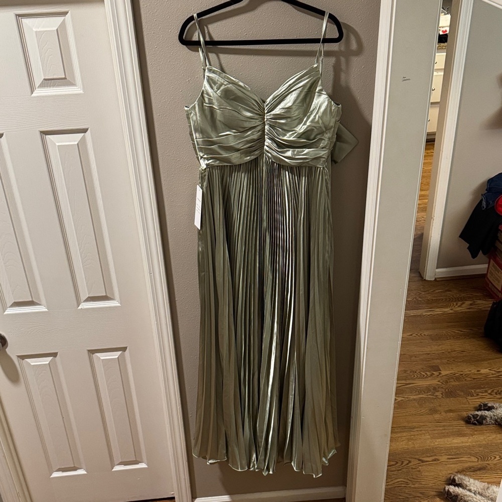 Satin Pleated Maxi Dress in Sage Green